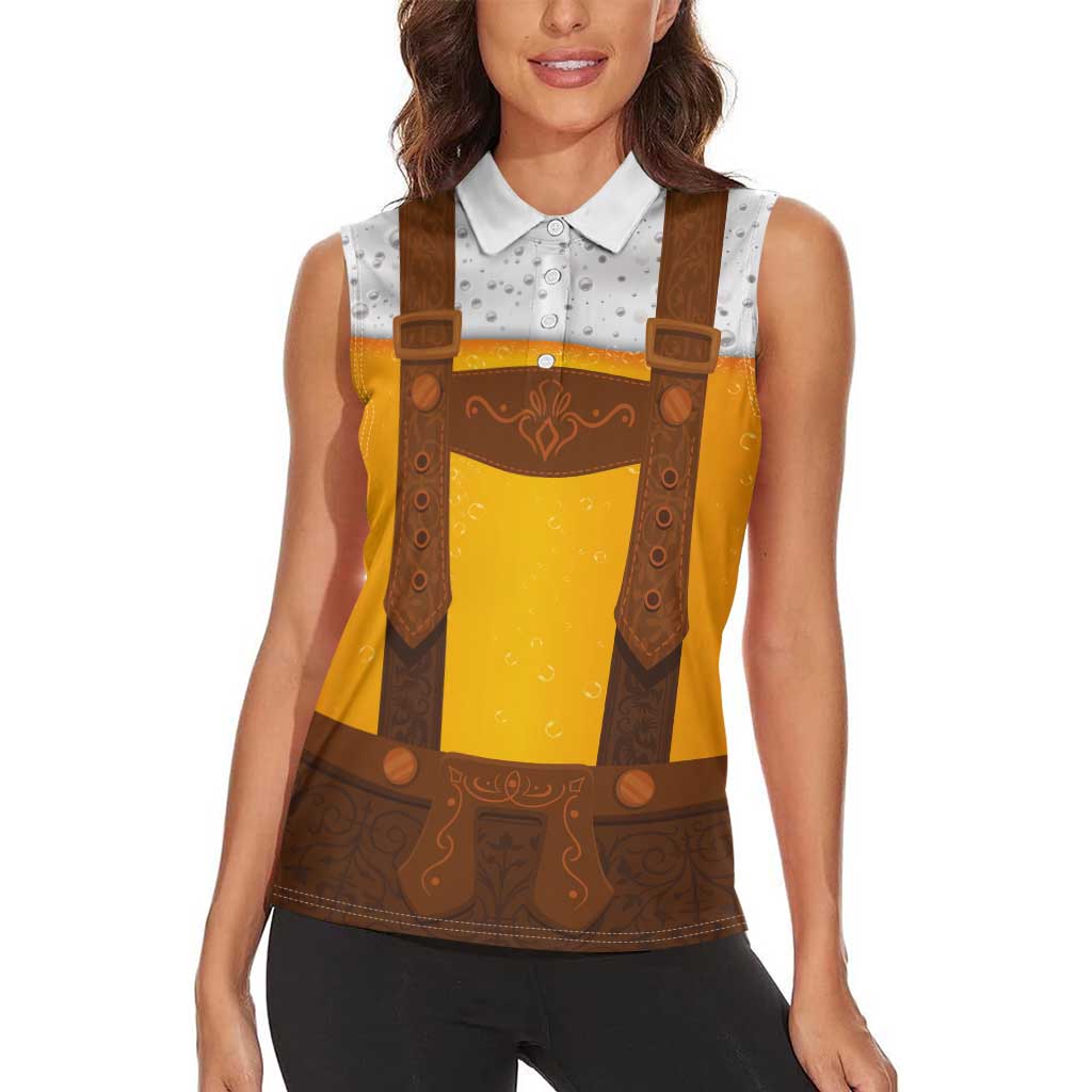 Traditional German Costume - Lederhosen Women Sleeveless Polo Shirt Oktoberfest Beer Head Funny Style - Wonder Print Shop