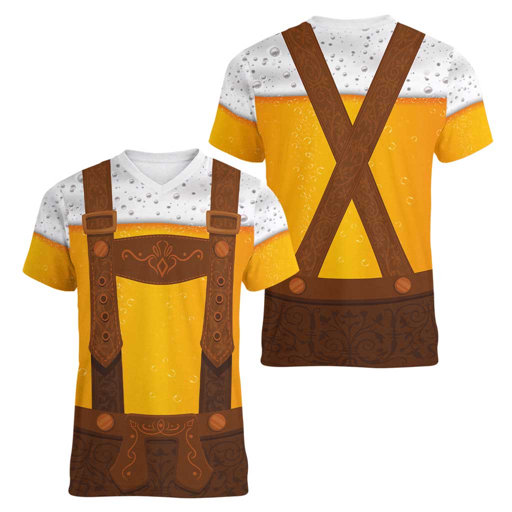 Traditional German Costume - Lederhosen Women V-Neck T-Shirt Oktoberfest Beer Head Funny Style - Wonder Print Shop