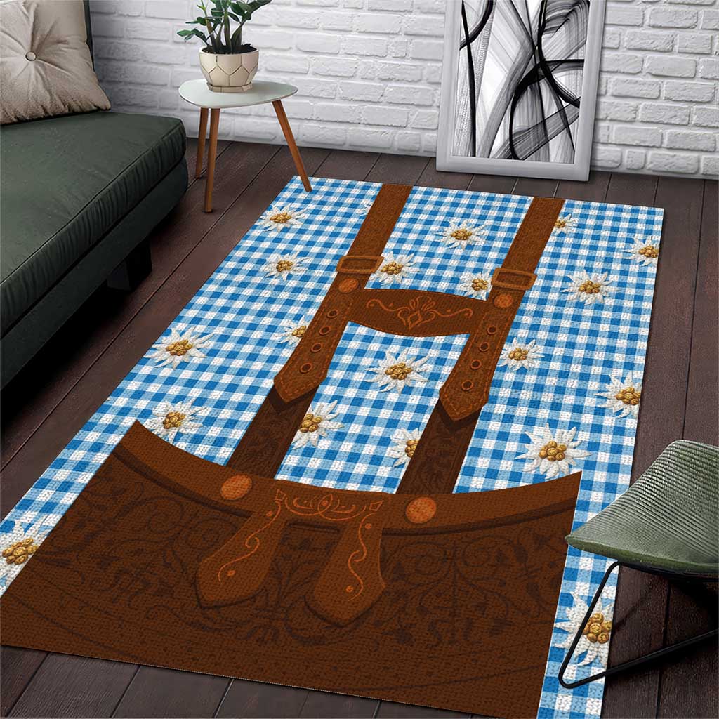 Traditional German Costume - Lederhosen Area Rug Blue Plaid Pattern with Edelweiss Flowers - Wonder Print Shop