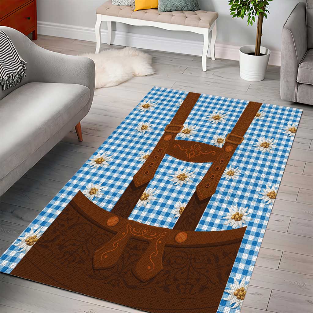 Traditional German Costume - Lederhosen Area Rug Blue Plaid Pattern with Edelweiss Flowers - Wonder Print Shop