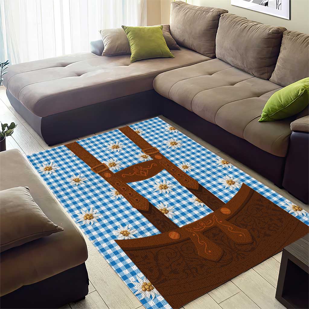 Traditional German Costume - Lederhosen Area Rug Blue Plaid Pattern with Edelweiss Flowers - Wonder Print Shop