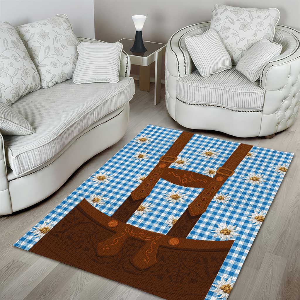 Traditional German Costume - Lederhosen Area Rug Blue Plaid Pattern with Edelweiss Flowers - Wonder Print Shop
