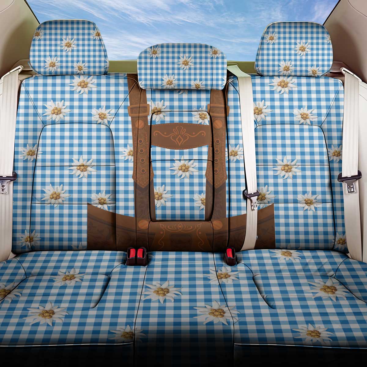 Traditional German Costume - Lederhosen Back Car Seat Cover Blue Plaid Pattern with Edelweiss Flowers - Wonder Print Shop