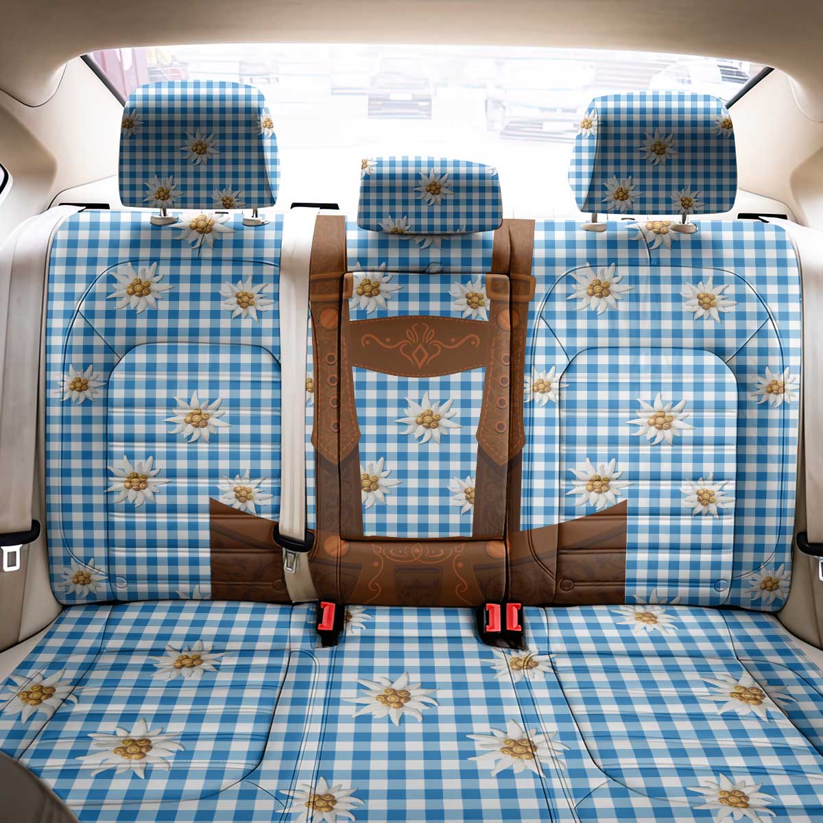 Traditional German Costume - Lederhosen Back Car Seat Cover Blue Plaid Pattern with Edelweiss Flowers - Wonder Print Shop