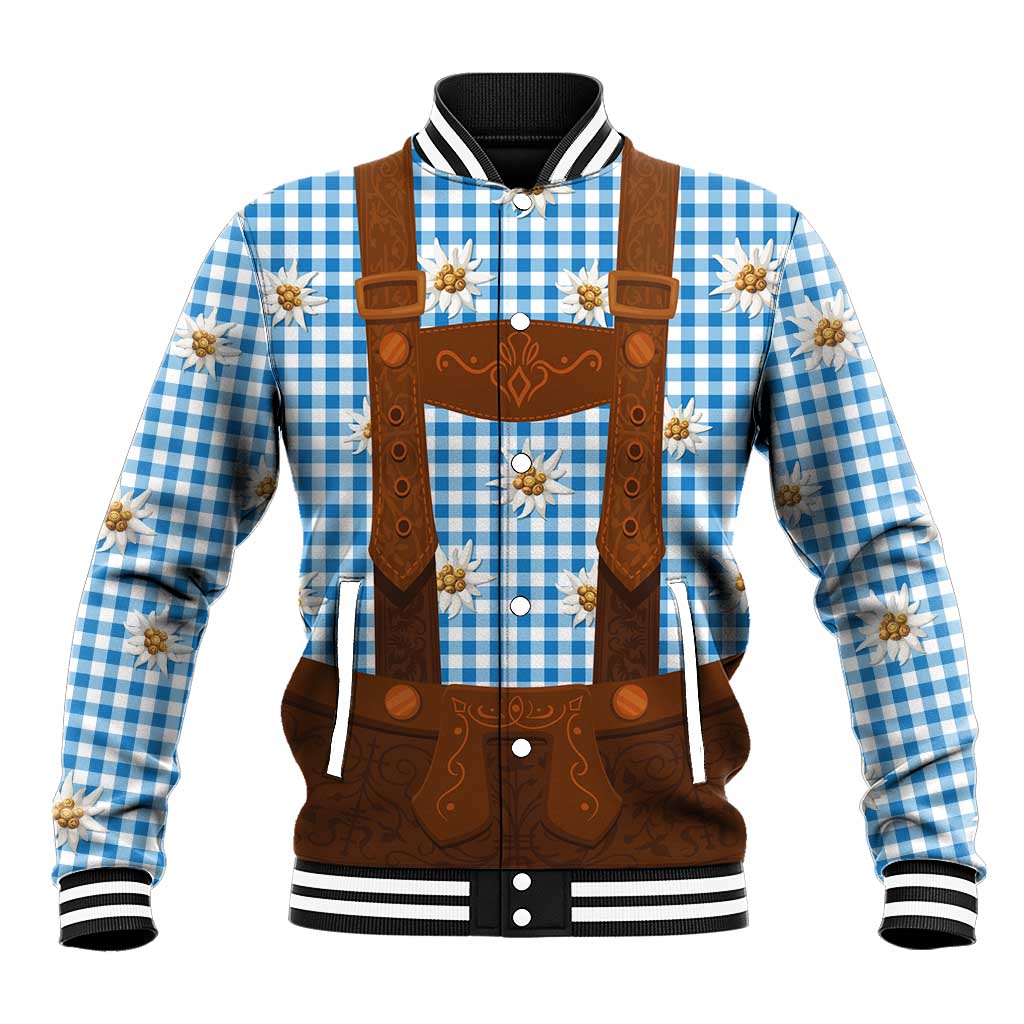 Traditional German Costume - Lederhosen Baseball Jacket Blue Plaid Pattern with Edelweiss Flowers - Wonder Print Shop