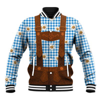 Traditional German Costume - Lederhosen Baseball Jacket Blue Plaid Pattern with Edelweiss Flowers - Wonder Print Shop