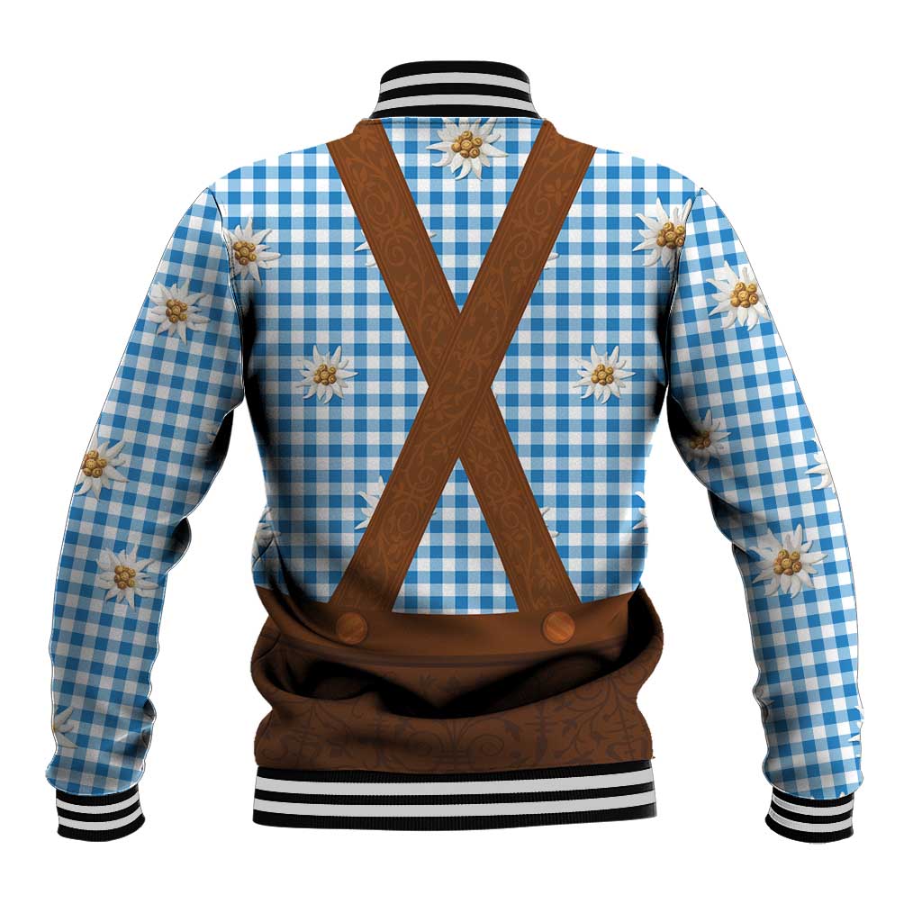 Traditional German Costume - Lederhosen Baseball Jacket Blue Plaid Pattern with Edelweiss Flowers - Wonder Print Shop