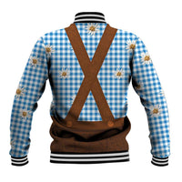 Traditional German Costume - Lederhosen Baseball Jacket Blue Plaid Pattern with Edelweiss Flowers - Wonder Print Shop