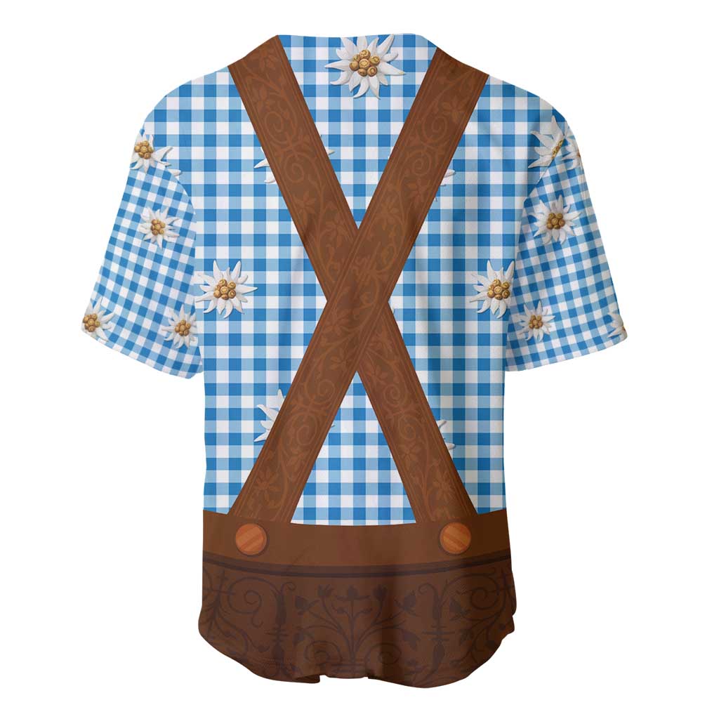 Traditional German Costume - Lederhosen Baseball Jersey Blue Plaid Pattern with Edelweiss Flowers - Wonder Print Shop