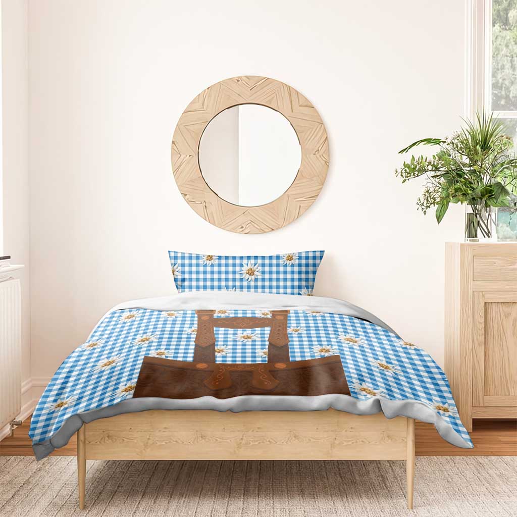 Traditional German Costume - Lederhosen Bedding Set Blue Plaid Pattern with Edelweiss Flowers - Wonder Print Shop
