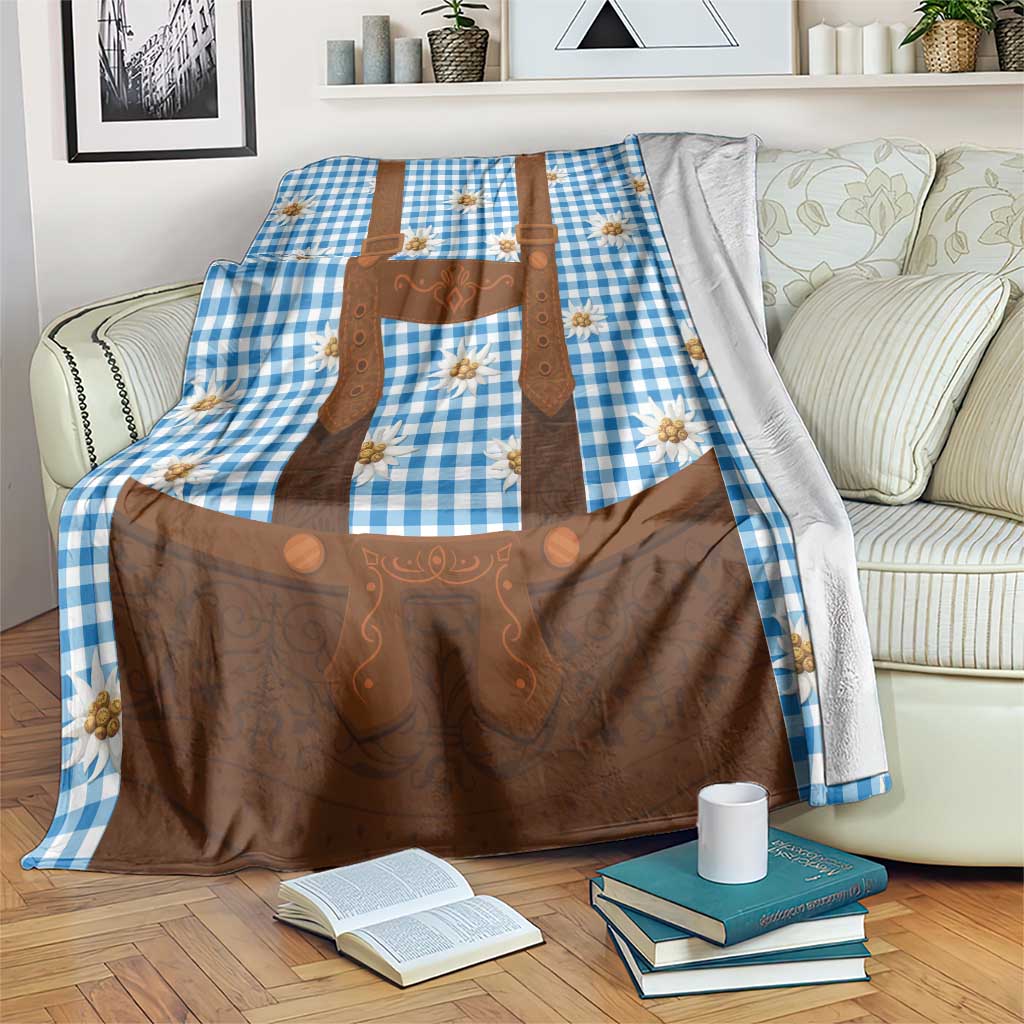 Traditional German Costume - Lederhosen Blanket Blue Plaid Pattern with Edelweiss Flowers