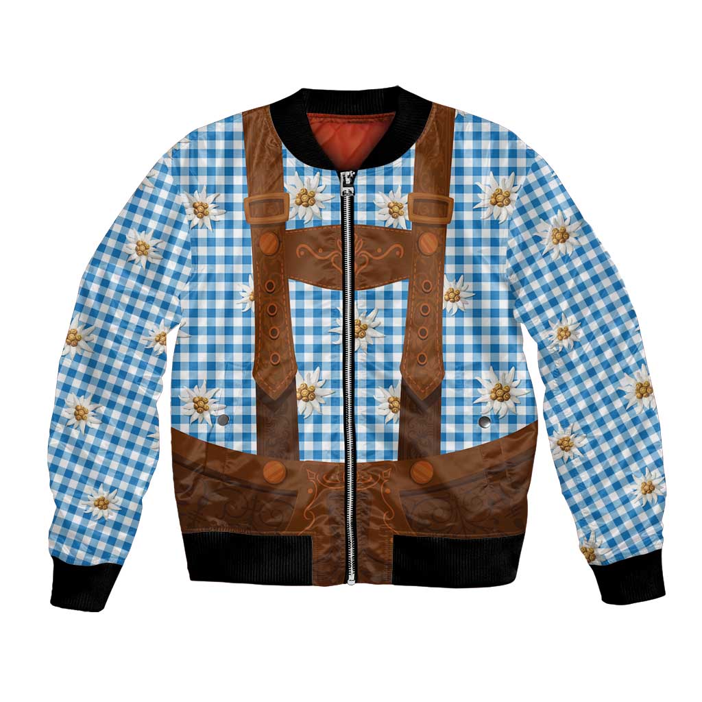 Traditional German Costume - Lederhosen Bomber Jacket Blue Plaid Pattern with Edelweiss Flowers - Wonder Print Shop
