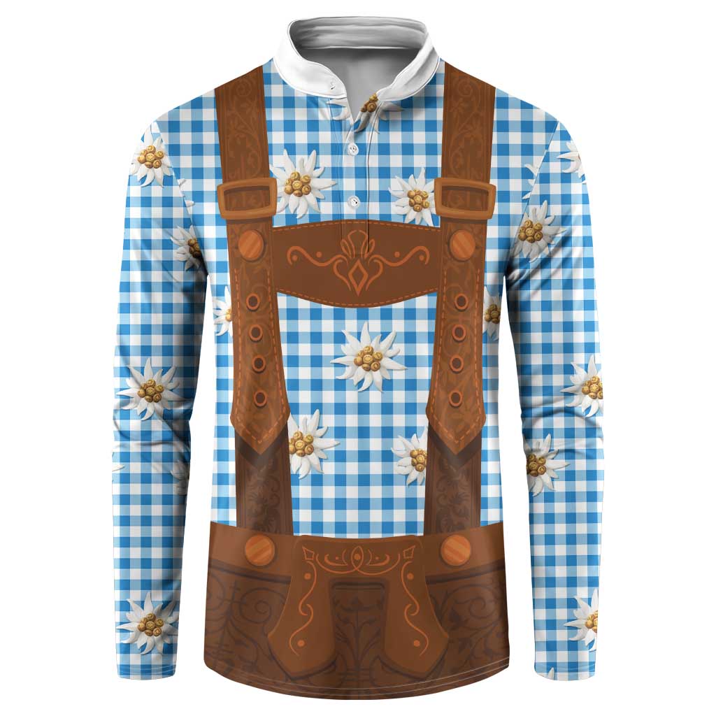 Traditional German Costume - Lederhosen Button Sweatshirt Blue Plaid Pattern with Edelweiss Flowers - Wonder Print Shop
