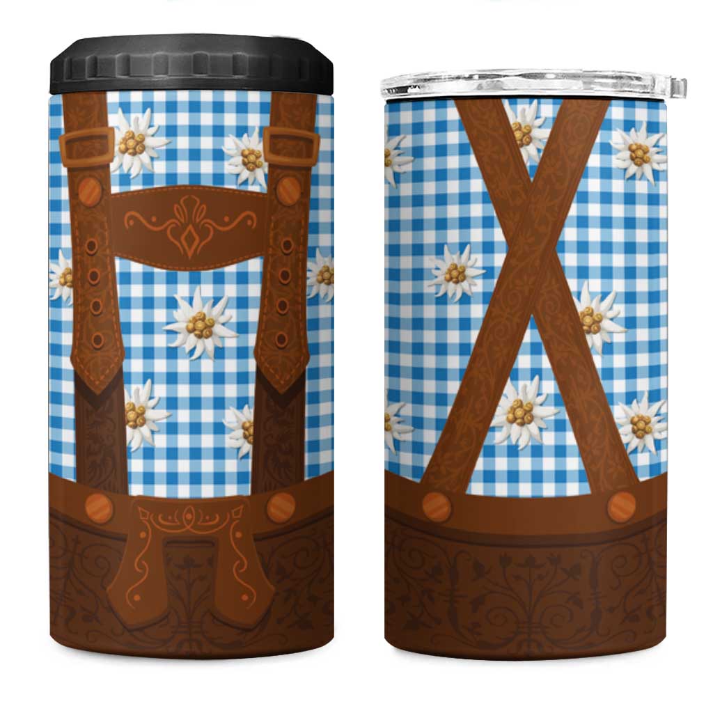 Traditional German Costume - Lederhosen 4 in 1 Can Cooler Tumbler Blue Plaid Pattern with Edelweiss Flowers - Wonder Print Shop