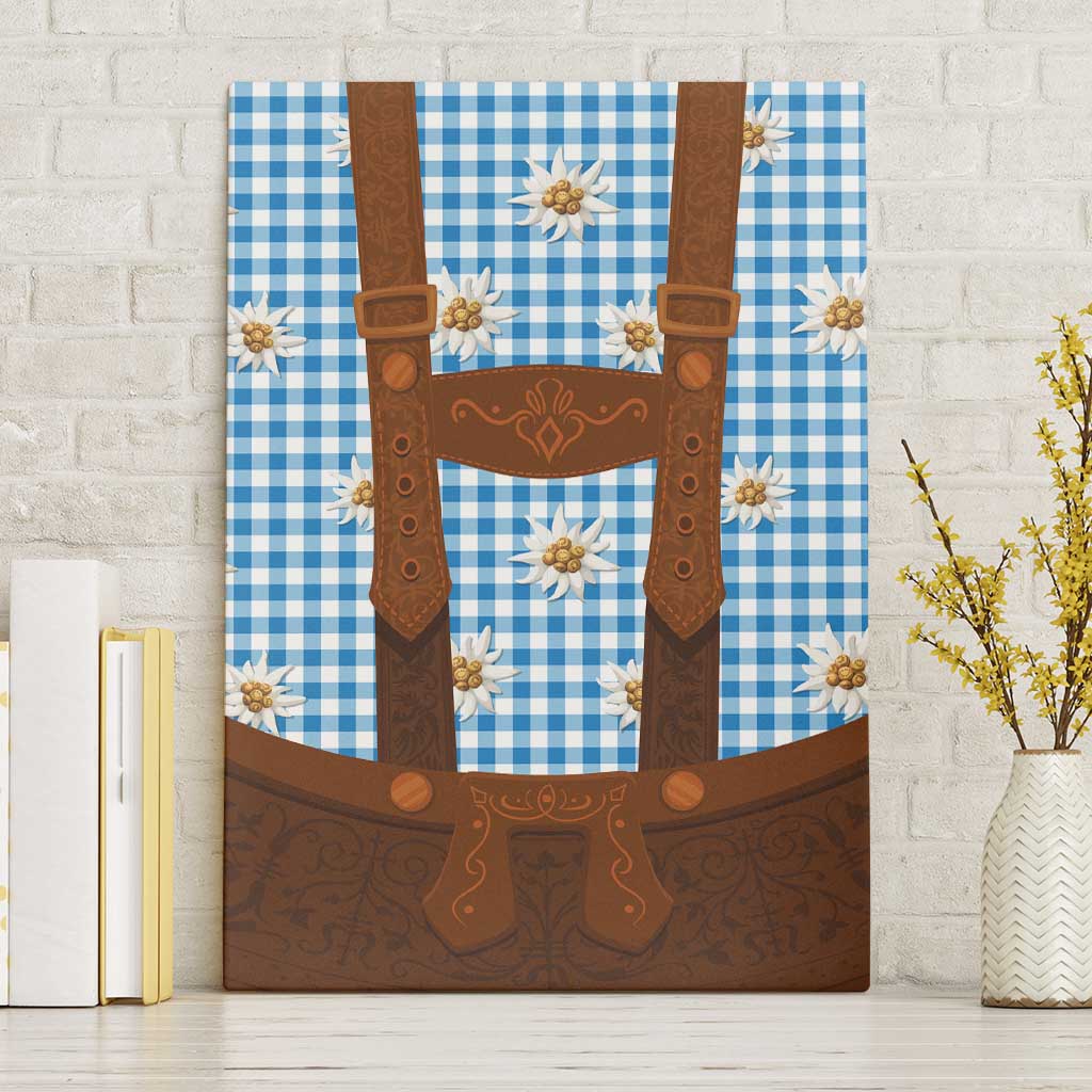 Traditional German Costume - Lederhosen Canvas Wall Art Blue Plaid Pattern with Edelweiss Flowers - Wonder Print Shop