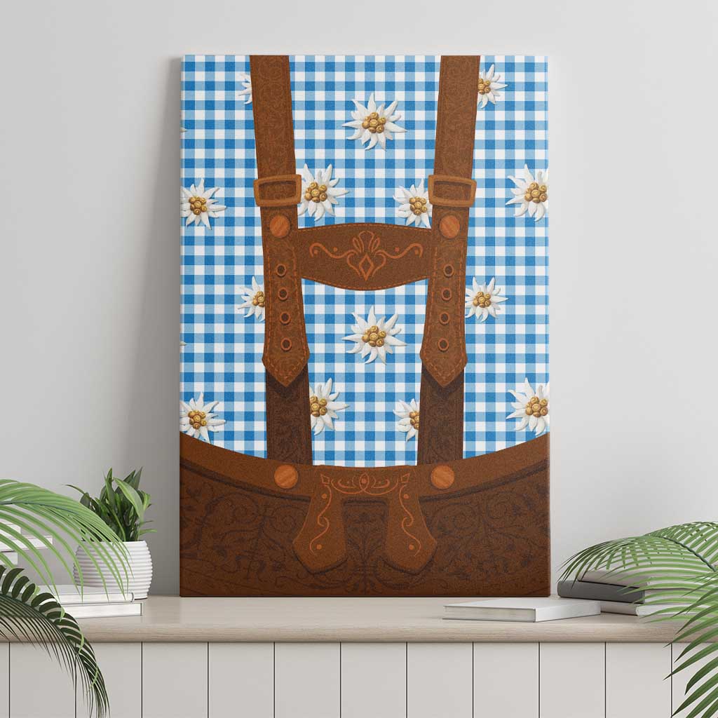Traditional German Costume - Lederhosen Canvas Wall Art Blue Plaid Pattern with Edelweiss Flowers - Wonder Print Shop