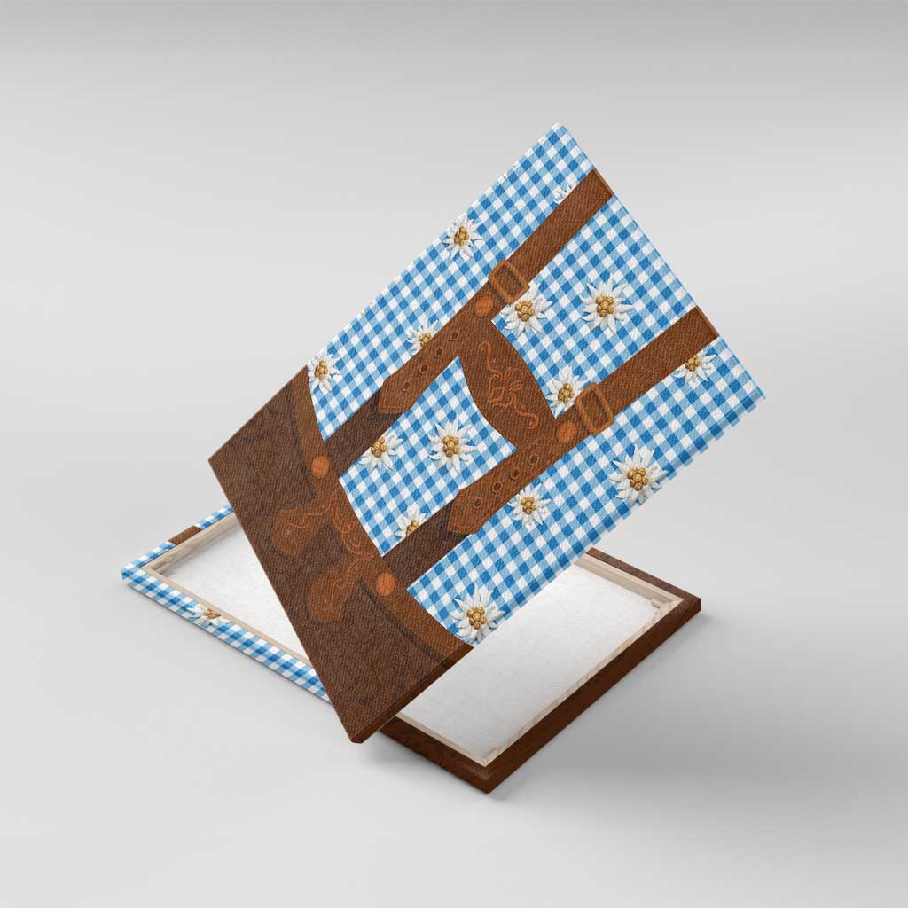 Traditional German Costume - Lederhosen Canvas Wall Art Blue Plaid Pattern with Edelweiss Flowers - Wonder Print Shop