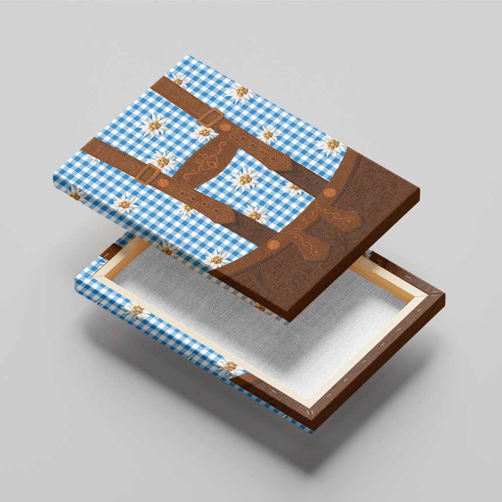 Traditional German Costume - Lederhosen Canvas Wall Art Blue Plaid Pattern with Edelweiss Flowers - Wonder Print Shop