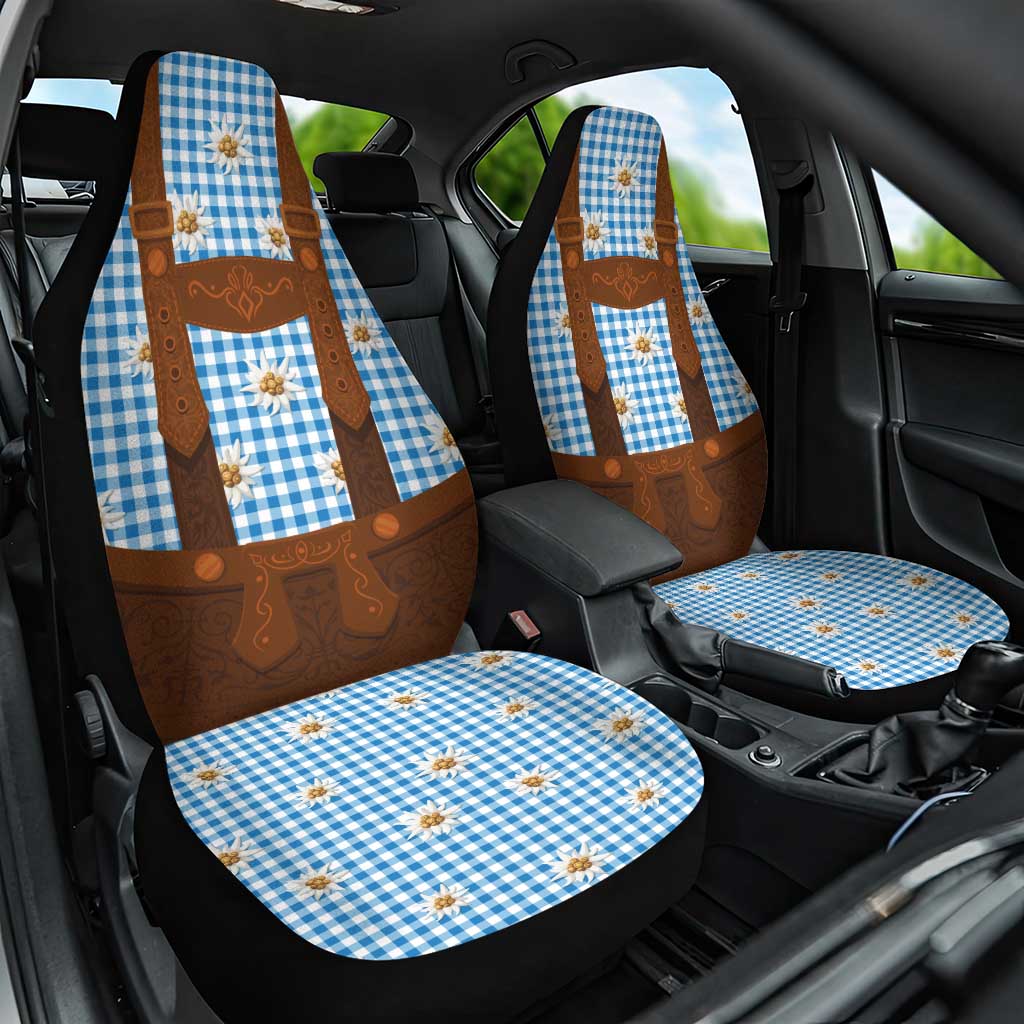 Traditional German Costume - Lederhosen Car Seat Cover Blue Plaid Pattern with Edelweiss Flowers - Wonder Print Shop