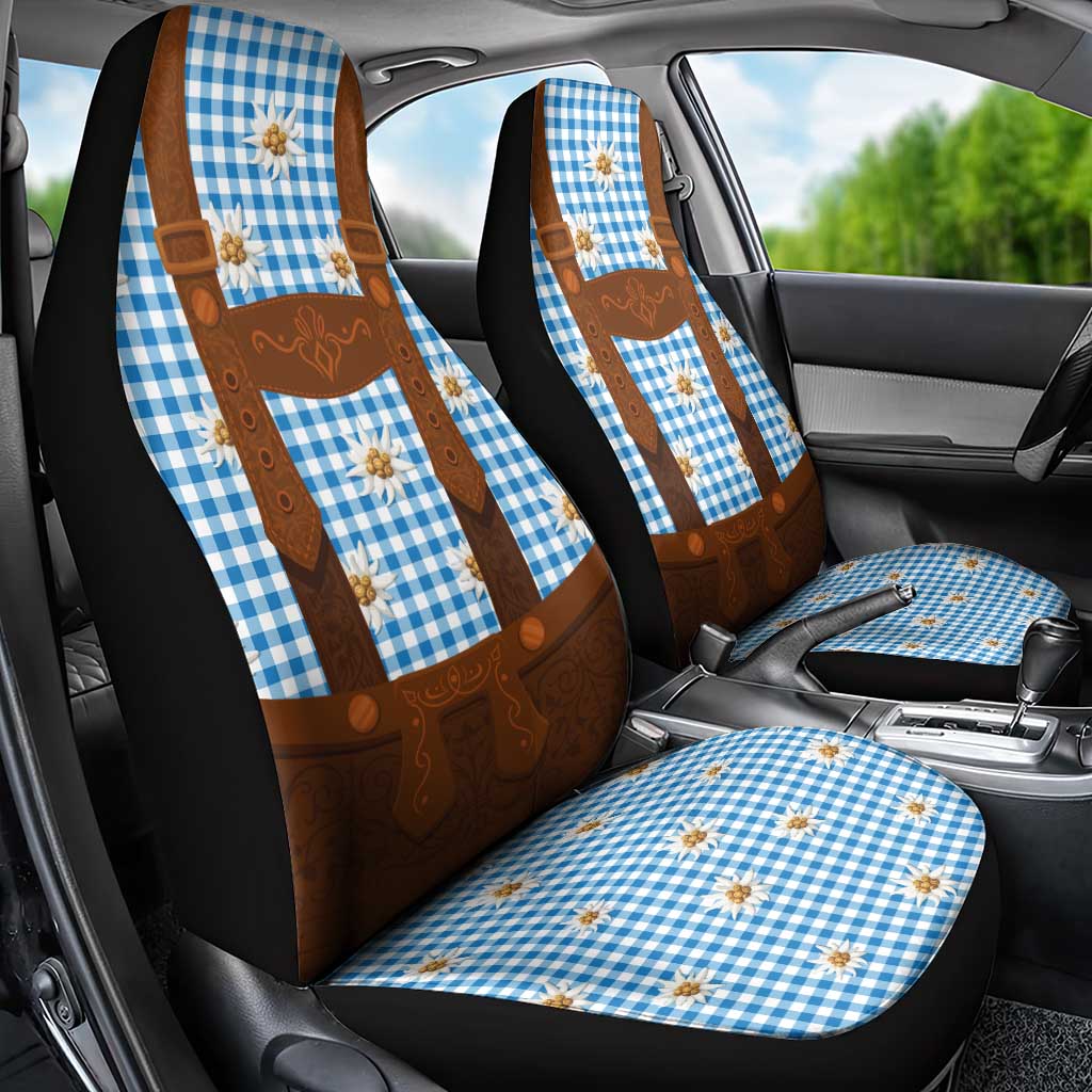 Traditional German Costume - Lederhosen Car Seat Cover Blue Plaid Pattern with Edelweiss Flowers - Wonder Print Shop