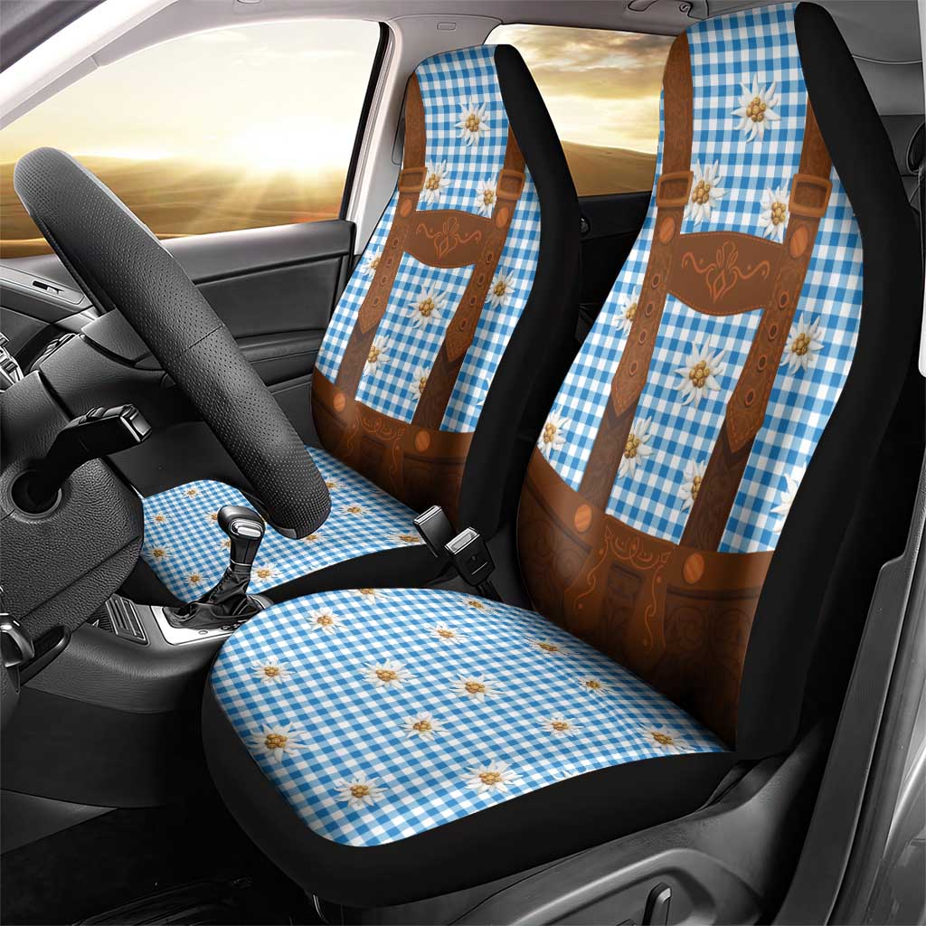 Traditional German Costume - Lederhosen Car Seat Cover Blue Plaid Pattern with Edelweiss Flowers - Wonder Print Shop