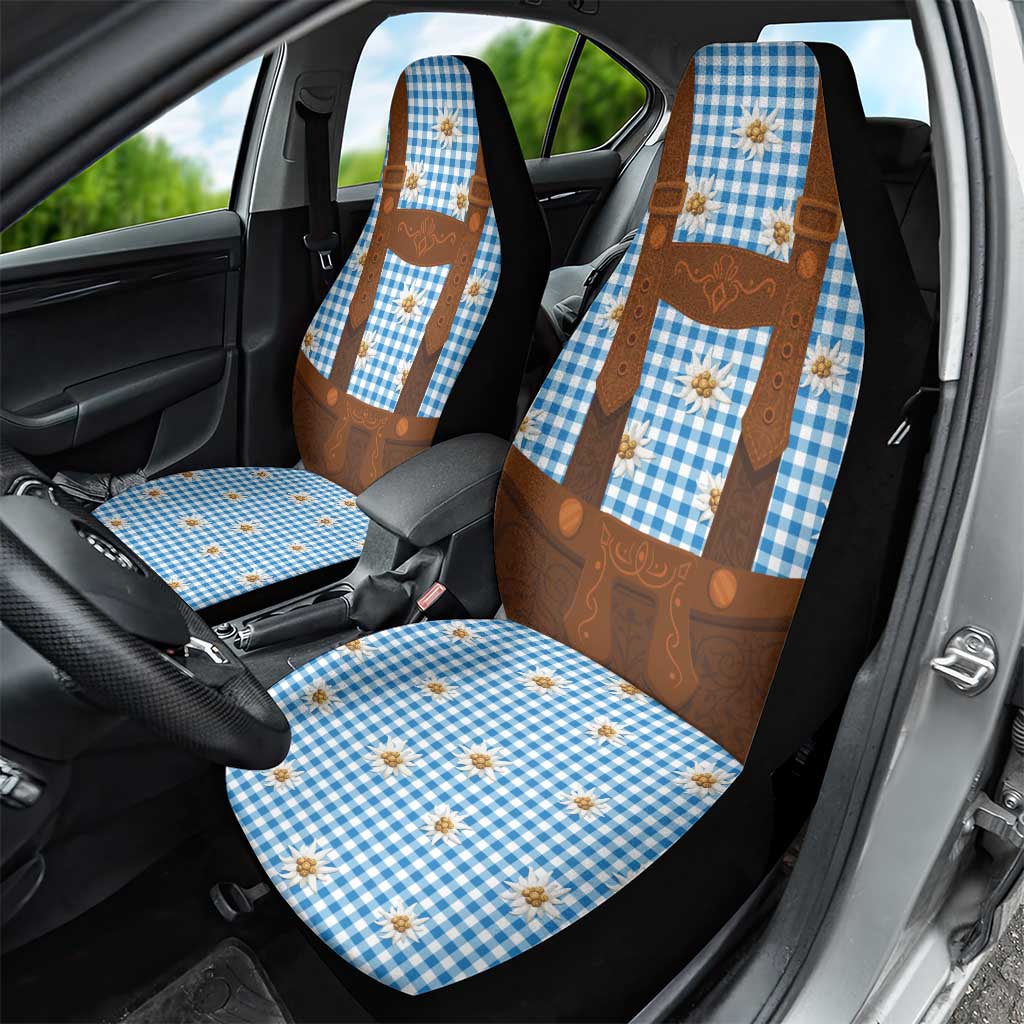 Traditional German Costume - Lederhosen Car Seat Cover Blue Plaid Pattern with Edelweiss Flowers - Wonder Print Shop