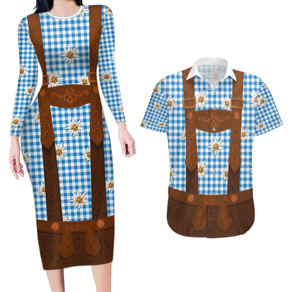 Traditional German Costume - Lederhosen Couples Matching Long Sleeve Bodycon Dress and Hawaiian Shirt Blue Plaid Pattern with Edelweiss Flowers