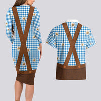 Traditional German Costume - Lederhosen Couples Matching Long Sleeve Bodycon Dress and Hawaiian Shirt Blue Plaid Pattern with Edelweiss Flowers