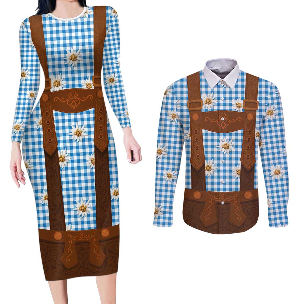 Traditional German Costume - Lederhosen Couples Matching Long Sleeve Bodycon Dress and Long Sleeve Button Shirt Blue Plaid Pattern with Edelweiss Flowers