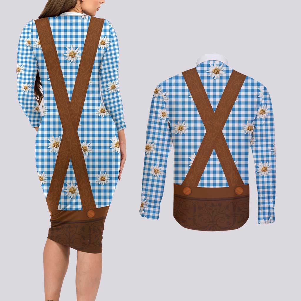 Traditional German Costume - Lederhosen Couples Matching Long Sleeve Bodycon Dress and Long Sleeve Button Shirt Blue Plaid Pattern with Edelweiss Flowers
