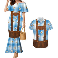 Traditional German Costume - Lederhosen Couples Matching Mermaid Dress and Hawaiian Shirt Blue Plaid Pattern with Edelweiss Flowers