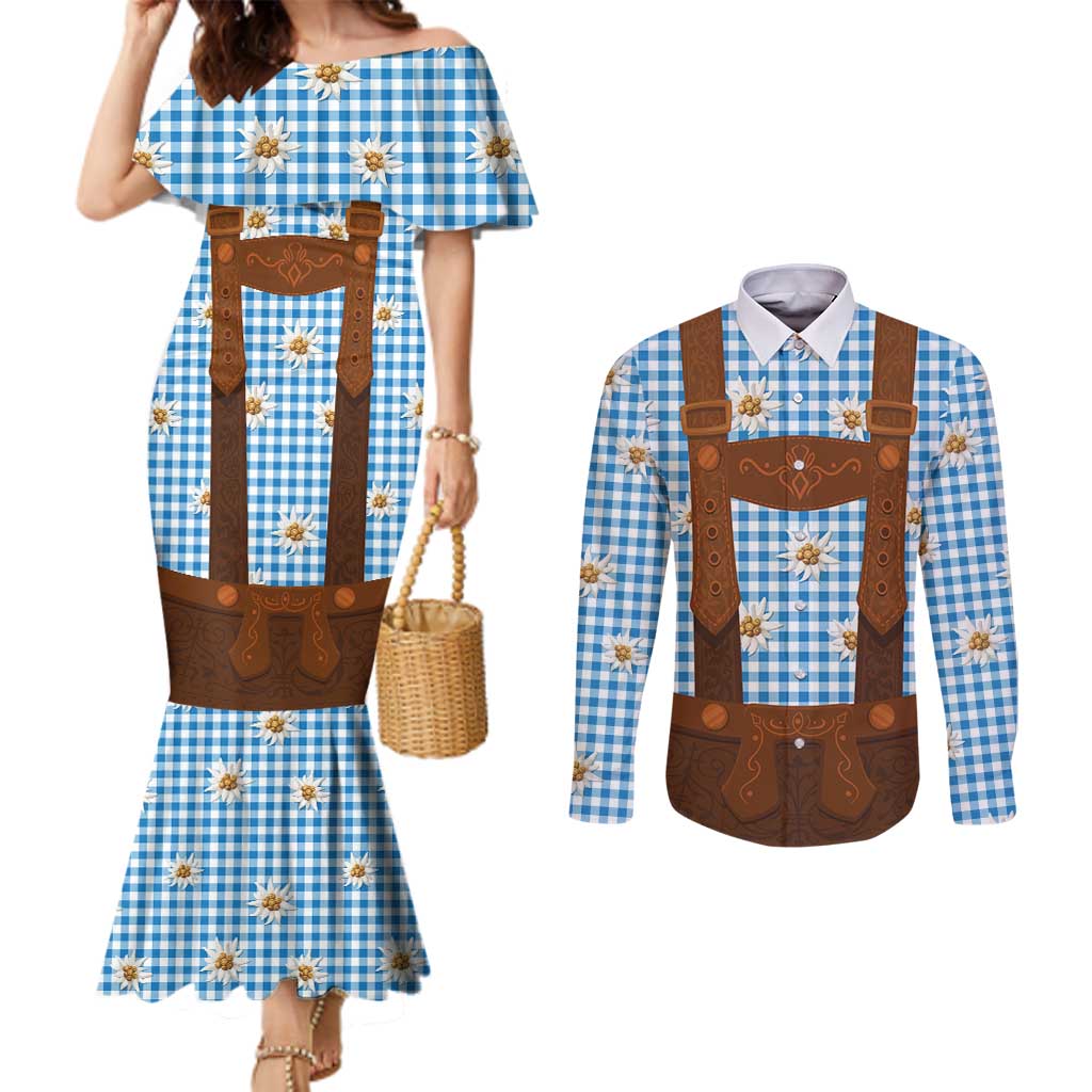 Traditional German Costume - Lederhosen Couples Matching Mermaid Dress and Long Sleeve Button Shirt Blue Plaid Pattern with Edelweiss Flowers