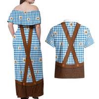 Traditional German Costume - Lederhosen Couples Matching Off Shoulder Maxi Dress and Hawaiian Shirt Blue Plaid Pattern with Edelweiss Flowers