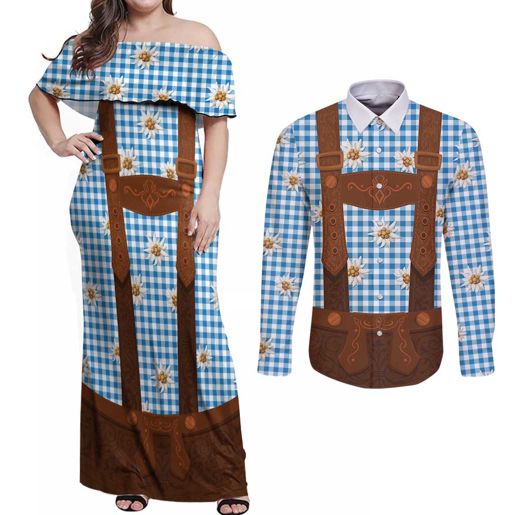 Traditional German Costume - Lederhosen Couples Matching Off Shoulder Maxi Dress and Long Sleeve Button Shirt Blue Plaid Pattern with Edelweiss Flowers