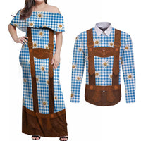 Traditional German Costume - Lederhosen Couples Matching Off Shoulder Maxi Dress and Long Sleeve Button Shirt Blue Plaid Pattern with Edelweiss Flowers