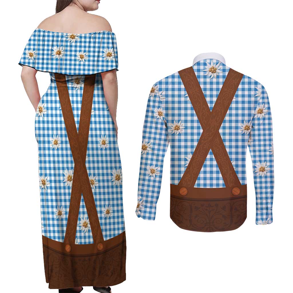 Traditional German Costume - Lederhosen Couples Matching Off Shoulder Maxi Dress and Long Sleeve Button Shirt Blue Plaid Pattern with Edelweiss Flowers