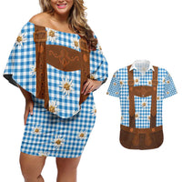 Traditional German Costume - Lederhosen Couples Matching Off Shoulder Short Dress and Hawaiian Shirt Blue Plaid Pattern with Edelweiss Flowers