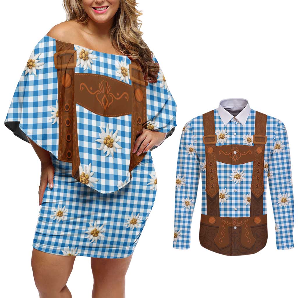 Traditional German Costume - Lederhosen Couples Matching Off Shoulder Short Dress and Long Sleeve Button Shirt Blue Plaid Pattern with Edelweiss Flowers