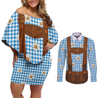 Traditional German Costume - Lederhosen Couples Matching Off Shoulder Short Dress and Long Sleeve Button Shirt Blue Plaid Pattern with Edelweiss Flowers