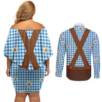 Traditional German Costume - Lederhosen Couples Matching Off Shoulder Short Dress and Long Sleeve Button Shirt Blue Plaid Pattern with Edelweiss Flowers