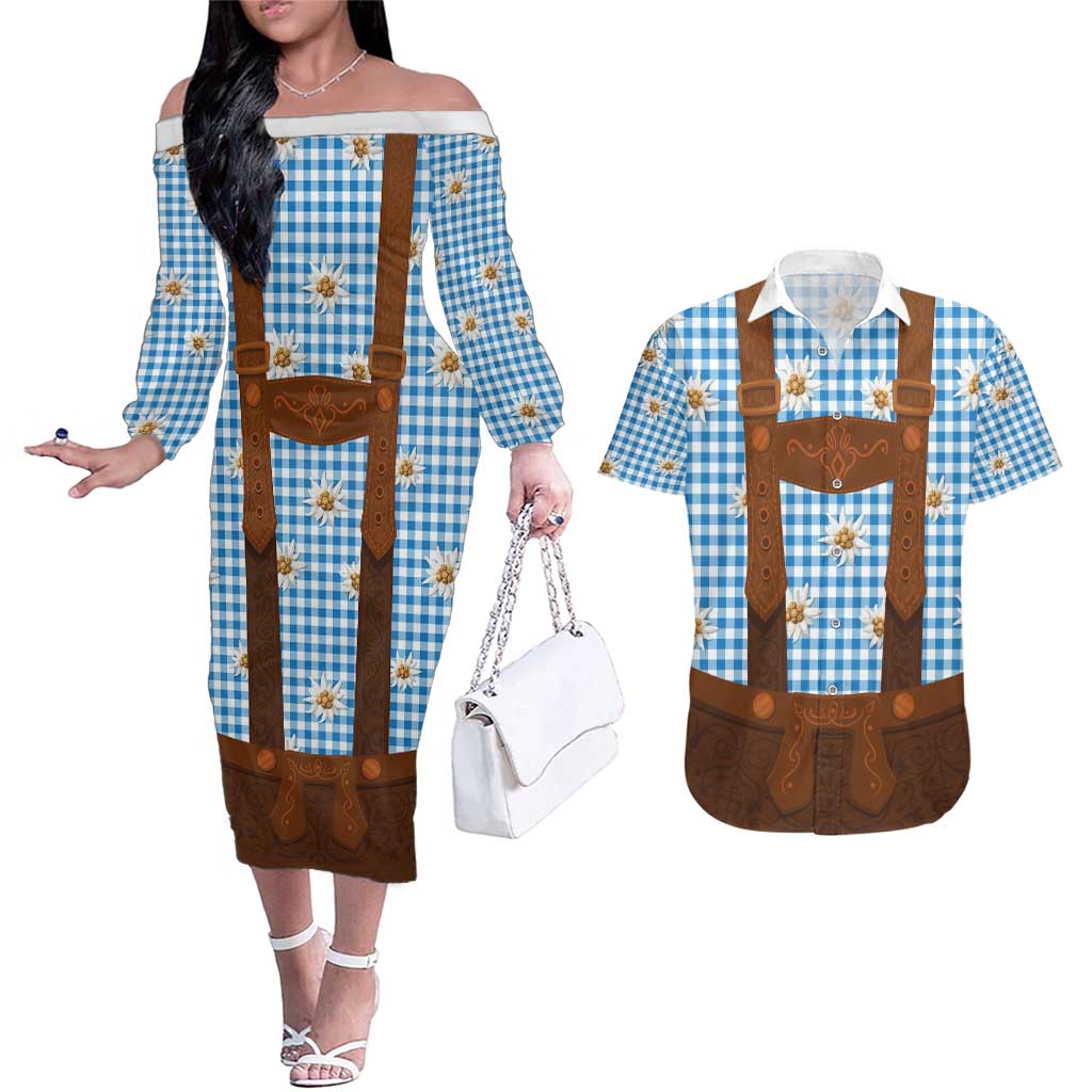 Traditional German Costume - Lederhosen Couples Matching Off The Shoulder Long Sleeve Dress and Hawaiian Shirt Blue Plaid Pattern with Edelweiss Flowers
