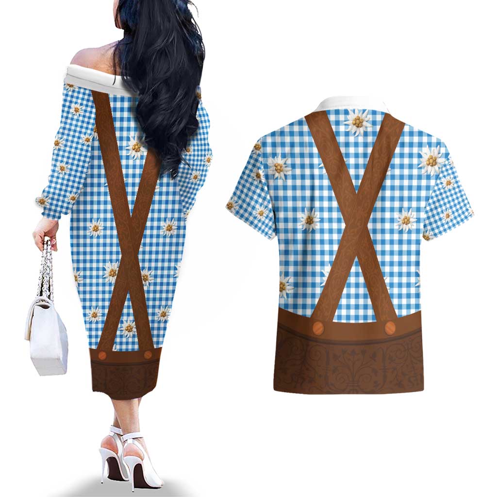 Traditional German Costume - Lederhosen Couples Matching Off The Shoulder Long Sleeve Dress and Hawaiian Shirt Blue Plaid Pattern with Edelweiss Flowers