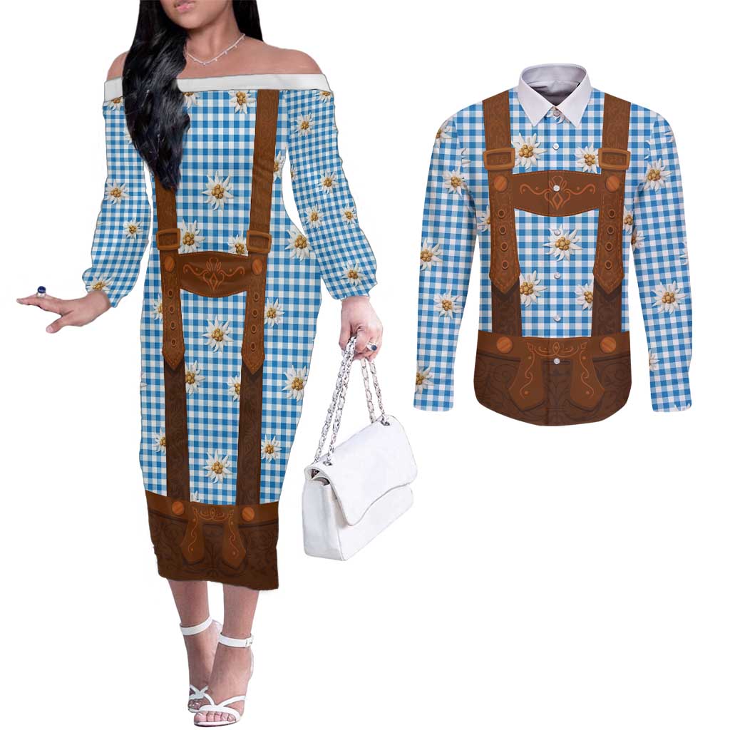 Traditional German Costume - Lederhosen Couples Matching Off The Shoulder Long Sleeve Dress and Long Sleeve Button Shirt Blue Plaid Pattern with Edelweiss Flowers