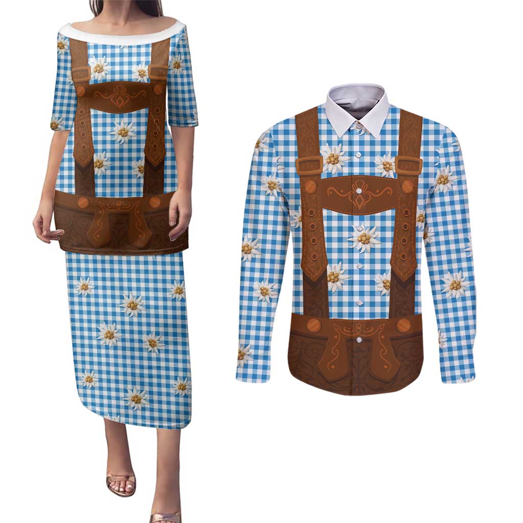 Traditional German Costume - Lederhosen Couples Matching Puletasi and Long Sleeve Button Shirt Blue Plaid Pattern with Edelweiss Flowers