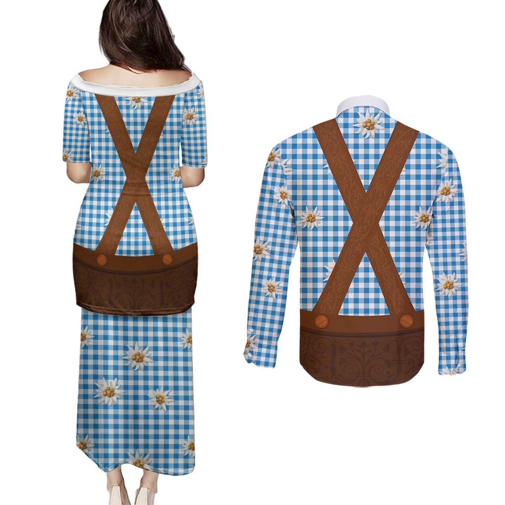 Traditional German Costume - Lederhosen Couples Matching Puletasi and Long Sleeve Button Shirt Blue Plaid Pattern with Edelweiss Flowers