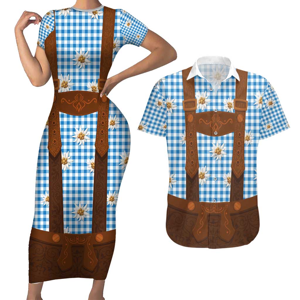 Traditional German Costume - Lederhosen Couples Matching Short Sleeve Bodycon Dress and Hawaiian Shirt Blue Plaid Pattern with Edelweiss Flowers