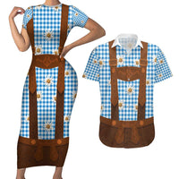 Traditional German Costume - Lederhosen Couples Matching Short Sleeve Bodycon Dress and Hawaiian Shirt Blue Plaid Pattern with Edelweiss Flowers