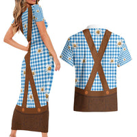 Traditional German Costume - Lederhosen Couples Matching Short Sleeve Bodycon Dress and Hawaiian Shirt Blue Plaid Pattern with Edelweiss Flowers