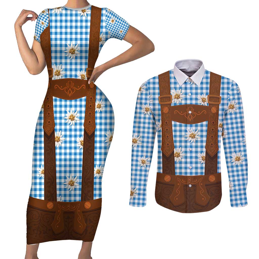 Traditional German Costume - Lederhosen Couples Matching Short Sleeve Bodycon Dress and Long Sleeve Button Shirt Blue Plaid Pattern with Edelweiss Flowers