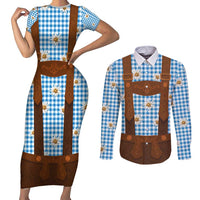 Traditional German Costume - Lederhosen Couples Matching Short Sleeve Bodycon Dress and Long Sleeve Button Shirt Blue Plaid Pattern with Edelweiss Flowers